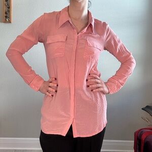 Gold Hawk soft pink silk button up blouse. Long sleeve.